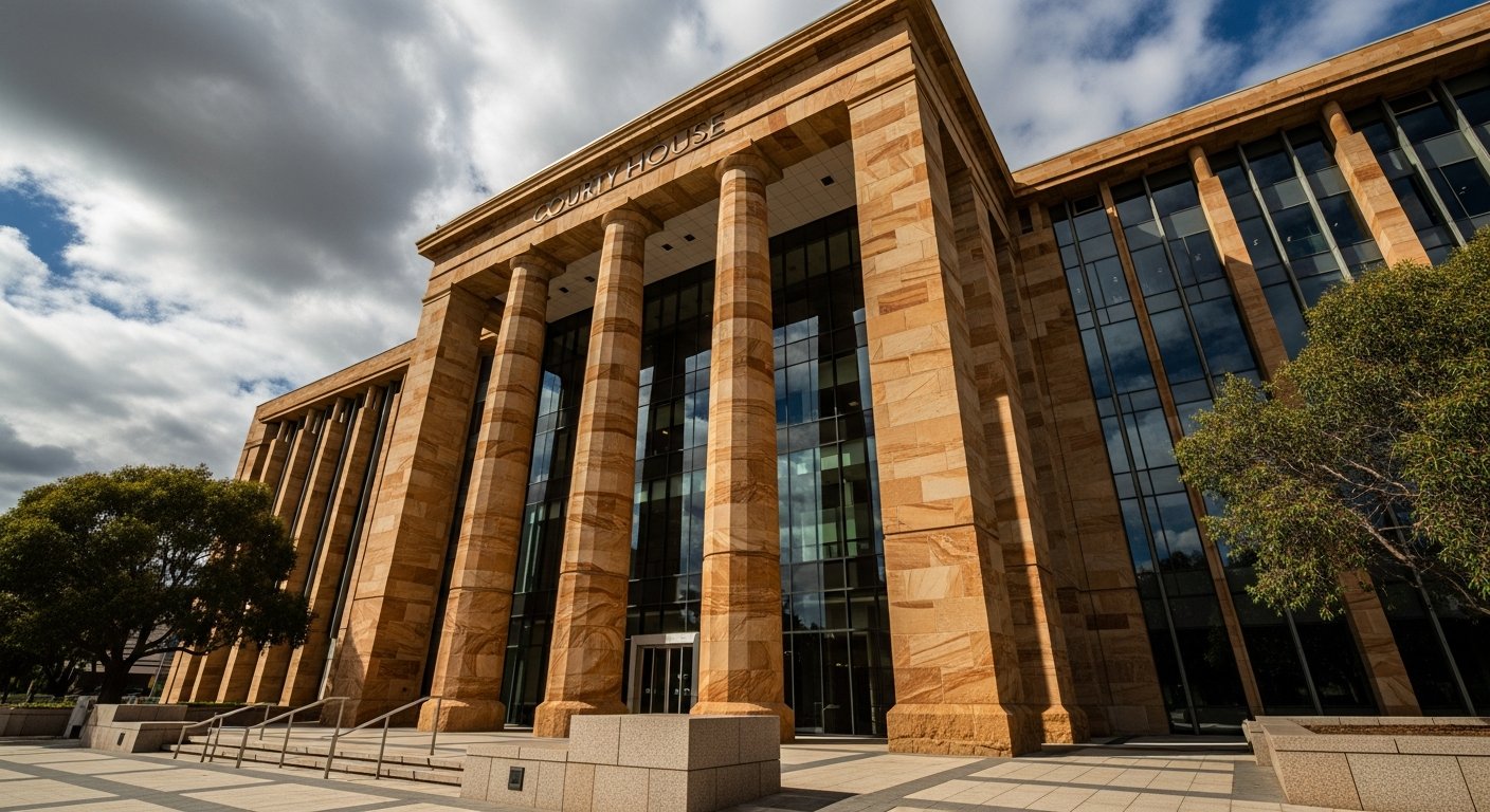 Imposing Australian courthouse exterior with sandstone columns and clean architectural geometry conveying judicial authority and engineering precision
